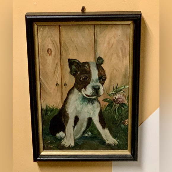 1931 Vintage Artist Signed Framed Oil Paint on Canvas Potrait of Boston Terrier - Picture 15 of 16